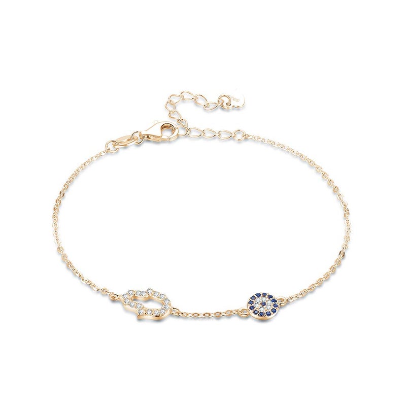 Kaletine Hamsa Hand of Fatima Evil Eye Bracelet Sterling Silver 925 Blue Cubic Zirconia Chain 6.5"+1.5"(Gold) - Image 1